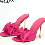 Fashion Yellow Green Silk Butterfly-Knot Women Slippers Mule High Heels Gladiator Sandals Flip Flop Square Toe Party