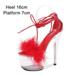 Women's Sandals 2023 Summer Fashion Ankle Cross Strap Fur High Heels Clear Waterproof Platform Female Steel Tube