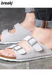New Summer Men Beach Suede Cork Slipper Couple Shoe Casual Nubuck Leather Women Outdoor Double Buckle Slide