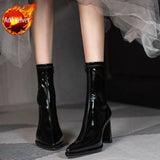 Women's Boots High Heels Half Footwear White Pointed Toe Elastic Shoes for Woman Mid Calf Elegant Heeled 2023 New Spring Pu
