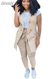 Striped Print Two Piece Set Women Sleeveless Blazer Coat And Sashes Pants Outfits Office Lady Elegant Work 2pcs