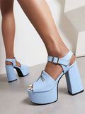Zipper Embellished Super High Chunky Heel Square Toe Peep Toe Sandals High Waterproof Platform Ankle Belt Buckle