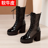 Breathable Thin Martin Boots Women's Leather 2023 Thick-Soled Waterproof Table Hollowed-Out Mesh Full-Size