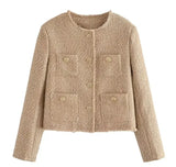 Shinny Sequin Women Cropped Jacket Stand Collar Long Sleeve Lady Solid Coat 2023 Autumn New Female Gold Street