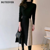 Stylish Half Turtleneck Women Sweater Dress Long Sleeve Slim Belted Female Patchwork Pleated Dress Knitted