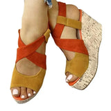 Large Size Beige Heeled Sandals Velvet Shoes Cross-Shoes Clogs Wedge 2024 Summer Espadrilles Platform Big Black High