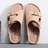 Men's Cow Suede Leather Mule Clogs Slippers High Quality Soft Cork Two Buckle Slides Footwear For Men Women Unisex