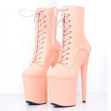 Selling Pink Boots Lace-up High Heel Platform Boots Round Toe 20CM Leather Boots Women High Quality Night Club Tight