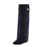 Lock Folded Woman Wedge Boots Black Leather Belt Height Increasing Knee High Boots Pointed Toe Winter Long Boots