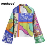 Women Vintage Printed 2 Piece Set Bow Tie Long Sleeve Turn Down Collar Blouse Shirt High Waist Knotted Back Zipper