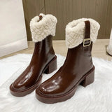Boots for Women Patent Leather Boots Black Brown Ankle Booties Platform Shoes Goth Punk Warm Shoes