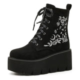 Retro Gothic Style Embroidered Flower Boots Women Platform Wedge Black Suede Heel Thick Bottom Ankle Boots With