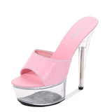 Women Slippers Summer Platform Flower Red High Heels Patent leather 15cm Outdoors Sandals Ladies Shoes Clear Heel Crystal