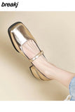 5CM Silver Thick Heels Mary Jane Shoes Women Buckle Strap Square Toe Pumps Woman Med Heele Patent Leather Shoes