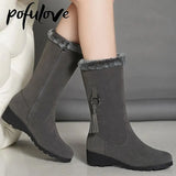 Winter Snow Boots Women's Plush Thickened Medium Boots Warm Cotton Boots Side Zipper Thickened Plush Bota De
