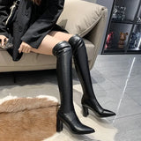 Women Motorcycle Boots PU Pointed Solid Color Waterproof and Non Slip Over The Knee Woman Shoes