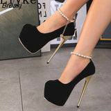 New Design String Bead Ankle Strap Platform Pumps Women Classic Black High Heels Fashion Round Toe Pole Dance Shoes