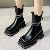 Autumn New Fashion Platfrom Square Heel Women's Casual Boots Square Heel Metal Decoration Splicing Elasticity Women's