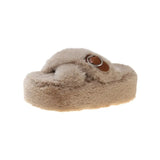 Winter Women Platform High Heel Fluffy Slipper Casual Fashion Metal Buckle Wedge Artificial Plush Inside Soft Slides