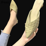 Women's Closed Toe Half Slippers Summer Outer Wear Shallow Chunky Heel Women's Mules Shoes Weave Pointed Toe Slipper