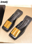 Designer Women Slippers Fashion Metal Buckle Mules Flat Heels Square Toe Shallow Shoes Outdoor Slide Female Casual