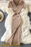 Sexy V-neck Short-sleeved Knit Bodycon Dress Women Casual Summer Slim Elastic High Split Mid-calf Ribbed Long Dress