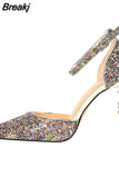 Elegant Party Sandals Metal Stiletto Glitter Pumps Luxury Women's Wedding Shoes Bride Gold Silver 2023 Women High