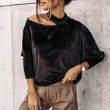 Winter New O Neck Bat Sleeves Golden Velvet Blouses Solid Color Casual Pullover Irregular Office Lady Loose Elegant