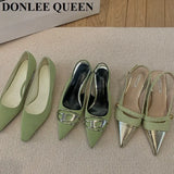 Spring New Brand Pointed Toe Slingback Shoes Thin Heels Shallow Slip On Ladies Elegant Sandals Green Pumps For Dress