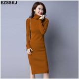 autumn winter meduim long women sweater dress split side turtleneck robe female elasticity slim bodycon knit long