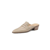 Women Sandals Genuine Leather Shoes for Women Pointed Toe Concise Modern Sandals Chunky Heel Women Mules Solid