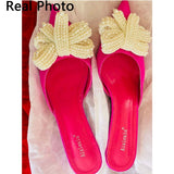 2023 New Fashionable Woman Mules Shoes Pearl Slip-on Low Heels Pointed Toe Ladies Pumps Butterfly-knot Woman
