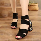 for Women 2023 New Ankle-Wrap Women's Sandals Summer Black Embroidered Mid-heel Sandals Elegant Open Toe Square Heel