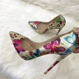 Embossed Printed Women Gold Floral Pointy Toe Elegant High Heel Shoes for Party Dress Comfortable Slip On Stiletto