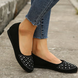 Breakj Size Women's Shoes Flat Heel Shallow Mouth Mother Shoes Flat Bottom Rhinestone Round Head Single Shoes
