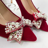 Sexy Red Velvet Wedding Shoes for Women 2023 Luxury Pearl Bowknot Pointed Toe Pumps Woman Stiletto High Heels Dress
