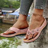 Women 2023 Summer Floral Wedges Flip Flops Pu Sewing Bohovintage Flower Outdoor Slippers Ladies Casual Beach Shoes