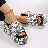 Print Chunky Platform Slippers Women Fashion Flower Thick Bottom Slides Woman Pu Leather Flip Flops Summer Female