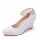 Queen Wedges White Lace Wedding Shoes Woman 8cm High Heels Bridesmaid Fashion Ankle Strap Womens