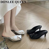 New Arrival Gold Outer Wear Slippers Women Fashion Slip On Square Toe Stiletto Mules Comfortable Heel Slide For Party