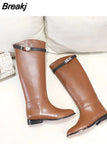 Sexy Women Motorcycle Booties Belt Strap Metal Shark Lock Flat Heel Knee High Boots Woman Genuine Leather Botas