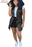 Striped Print Two Piece Set Women Sleeveless Blazer Coat And Sashes Pants Outfits Office Lady Elegant Work 2pcs
