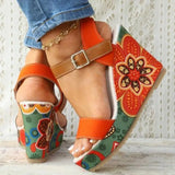 Dropship Platform Wedges Woman Sandals 2023 Summer New Women Floral Pattern Ankle Strap Sandals Fashion Green Wedge