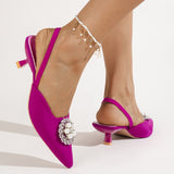 Brand Crystal Buckle Pearl Designer Shoes Women Low Thin Heels Sandals Pointed Toe Slingback Slip On Mules Dress