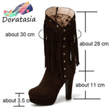 Big Size 50 Rome Zipper Mid Calf High Heel Platform Retro Boots For Women 2021 Casual Leisure Winter