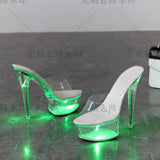 Breakj 34-43 Sexy Super High Heels Luminous Thin Heel Waterproof Platform Sandals Transparent Model Crystal Shoes Wedding