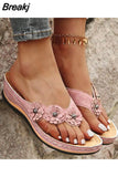 Women 2023 Summer Floral Wedges Flip Flops Pu Sewing Bohovintage Flower Outdoor Slippers Ladies Casual Beach Shoes