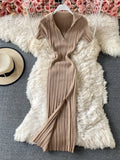 Sexy V-neck Short-sleeved Knit Bodycon Dress Women Casual Summer Slim Elastic High Split Mid-calf Ribbed Long Dress