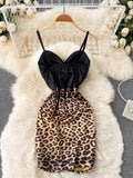 V-neck Spaghetti Strap Night Out Club Mini Dress Open Back Sleeveless Twist Front High Waist Leopard Print Party Dress
