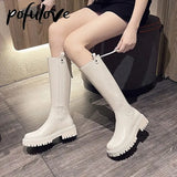 Thigh High Flat Boots Women Shoes Black Gothic Shoes White Leather Boots Platform Shoes Chelsea Boots Knee-high